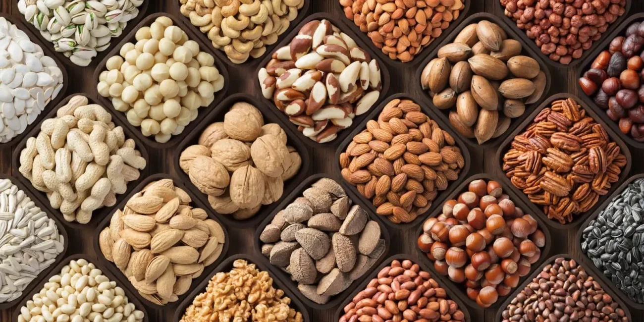 assorted nuts background large mix seeds raw food products pecan hazelnuts walnuts pistachios almonds mac